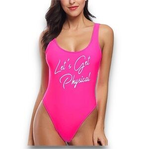 4/$20 Neon Pink Let’s Get Physical One Piece Swimsuit High Cut Low Back Bodysuit